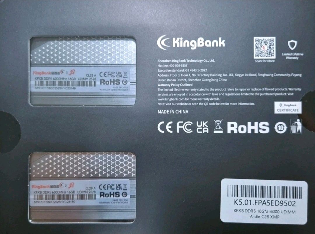 킹뱅크 DDR5 32GB 6000MHz CL28 하이닉스 A다이 언락 고수율 램 이미지