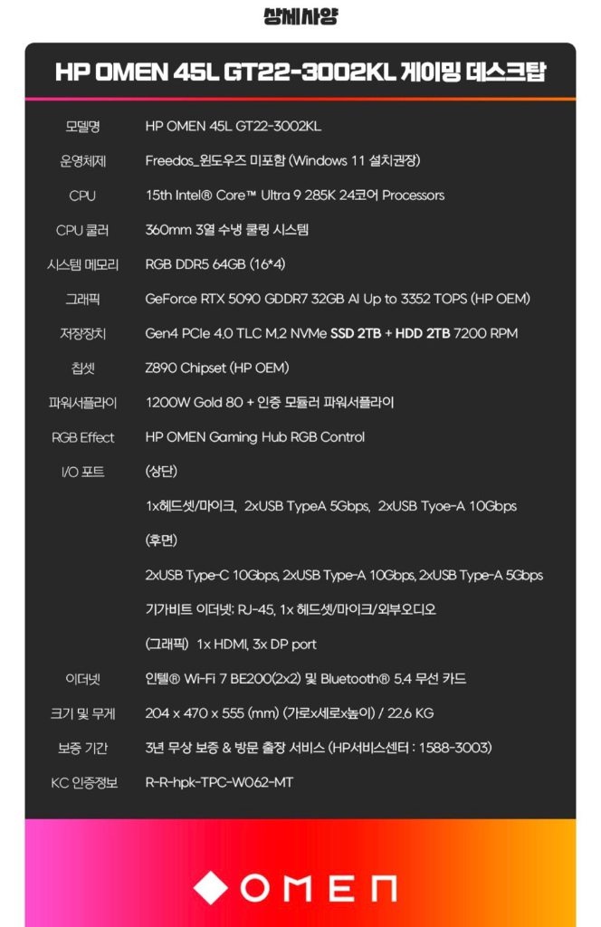 (새제품) HP 오멘 45L 코어Ultra9 RTX 5090 이미지