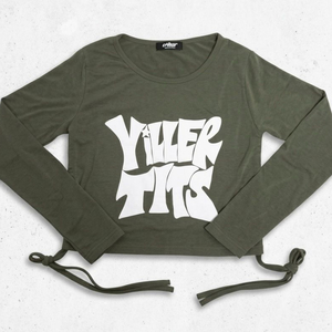 YILLER TIME 스트링 크롭 긴팔 티셔츠 카키 M 이미지