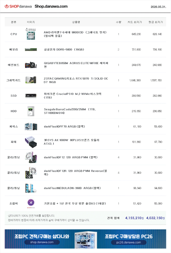 (새제품 수랭 블랙)9800X3D,RTX5070Ti, 32GB,1000W,수랭쿨러,방송게이밍컴퓨터본체 이미지