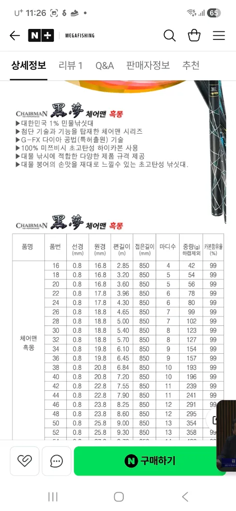 DIF 체어맨 흑몽 낚시대 38 ㅡ50칸 장대 풀세트 풀채비 1프로 낚시대 가성비 최고 이미지