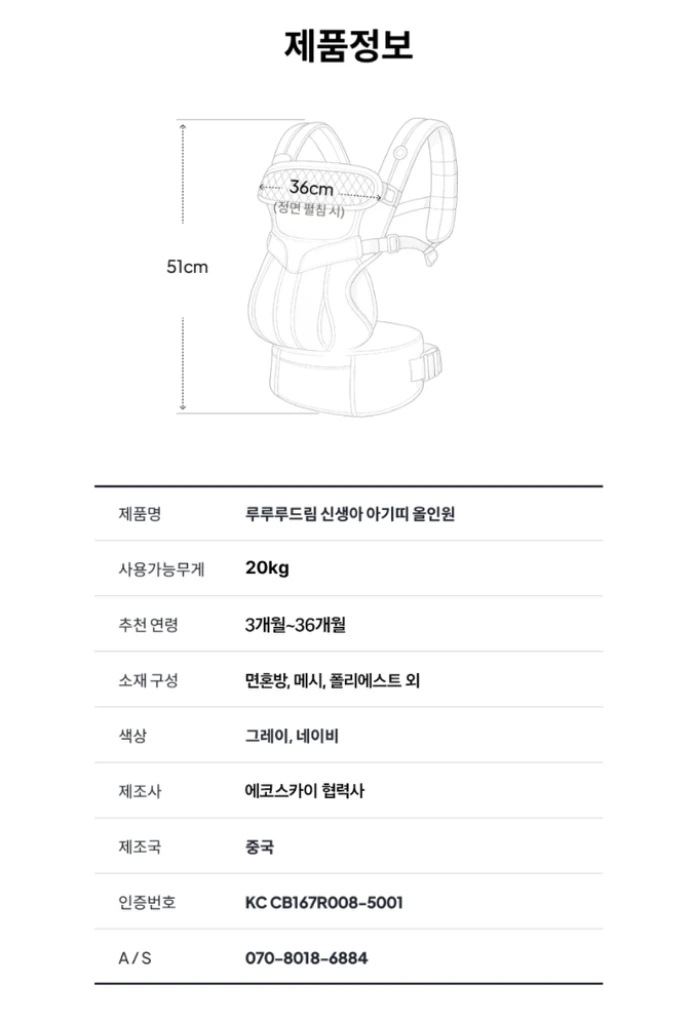 루루루드림 신생아 아기띠 올인원 그레이 개봉 새제품 이미지