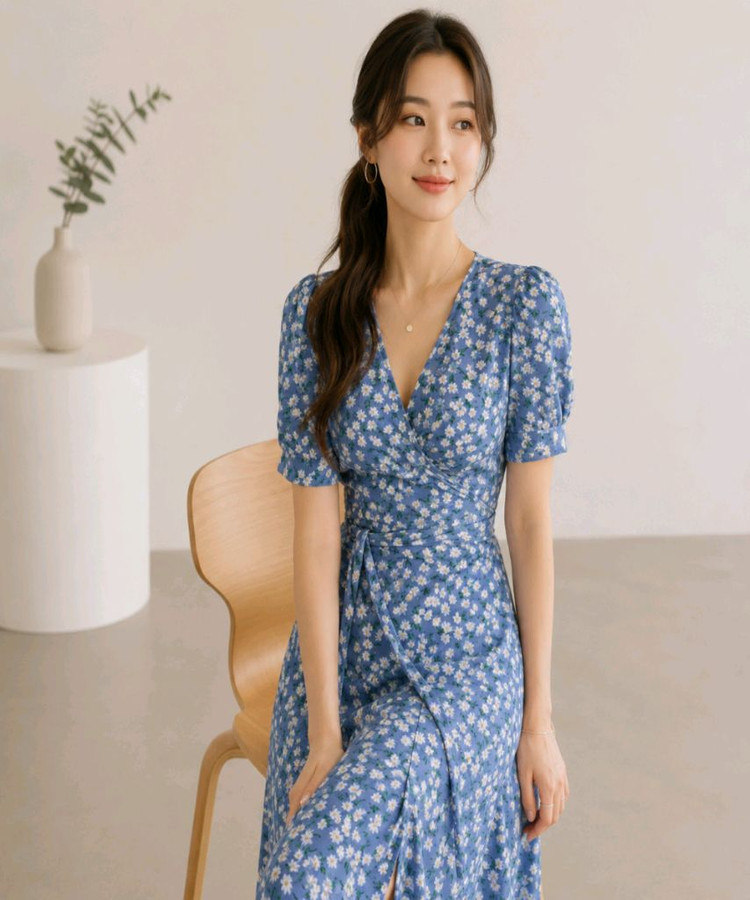 러블리 플라워 퍼프 언발 랩원피스 이미지