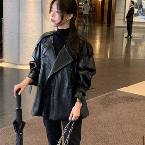 바이씨니 제작 레더숏트렌치 자켓 블랙 허리벨트 없음 이미지