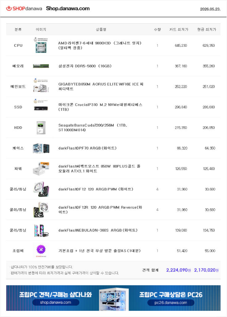 (새제품 반본체 수랭 화이트)9800X3D, B850M WIFI, 16GB, 수랭쿨러, 방송게이밍컴퓨터본체 이미지