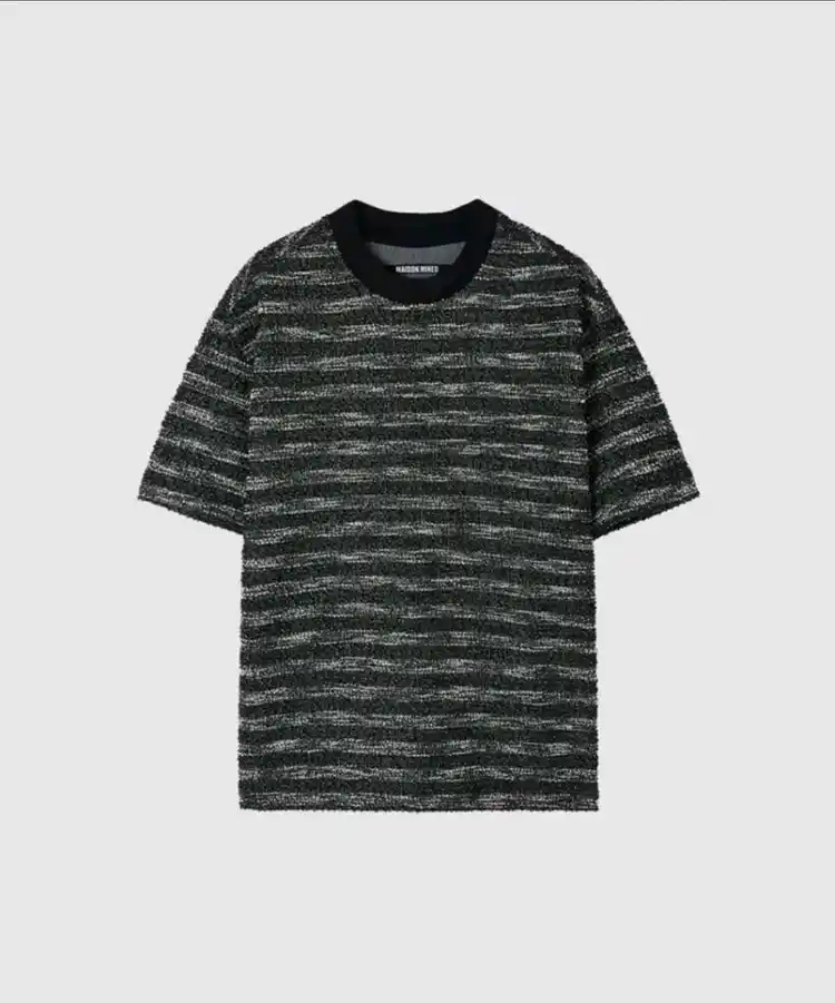 메종미네드 MIXED BOUCLE KNIT HALF SLEEVE BLACK 반팔 링거티 스트러이프 티셔츠 이미지