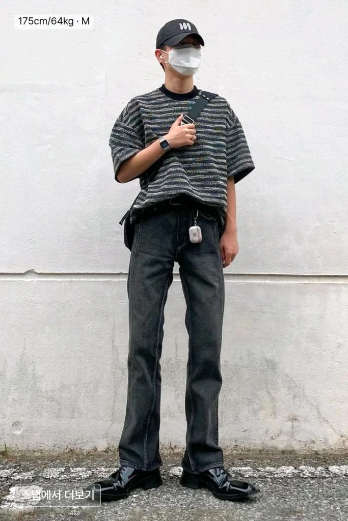 메종미네드 MIXED BOUCLE KNIT HALF SLEEVE BLACK 반팔 링거티 스트러이프 티셔츠 이미지