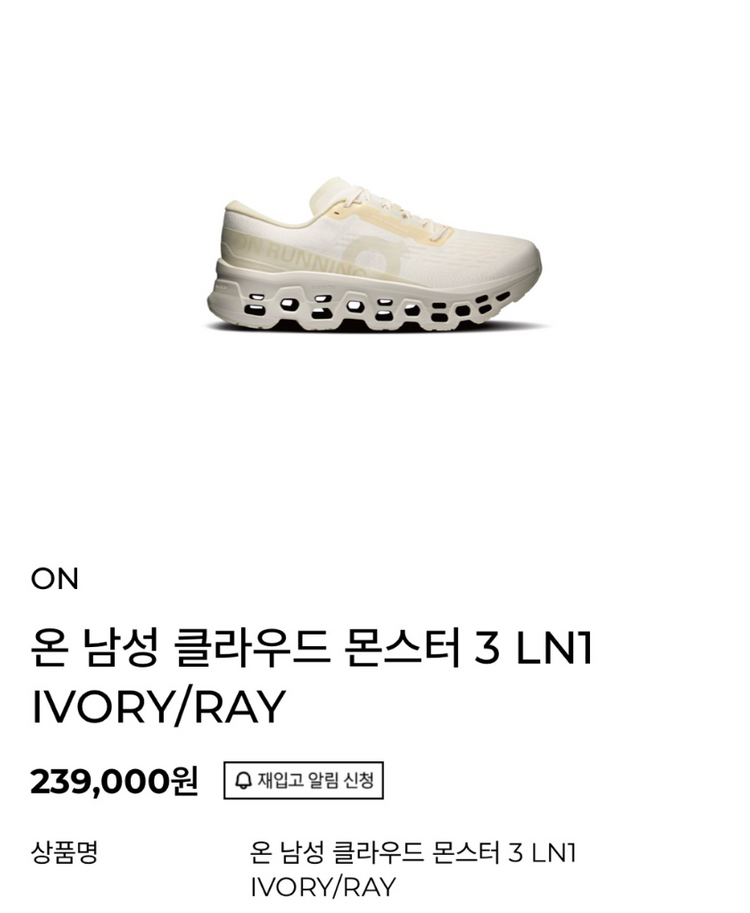 온러닝 클라우드 몬스터3 레인원 한정판 275mm 이미지
