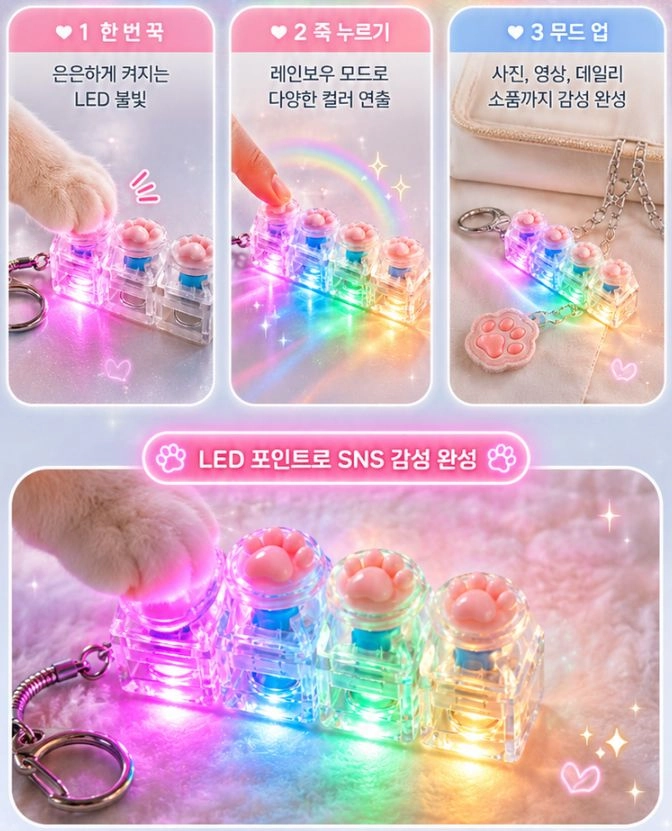 귀여운 고양이 발바닥 LED키캡 열쇠고리 스트레스 해소 키링 가방걸이 클리커 이미지