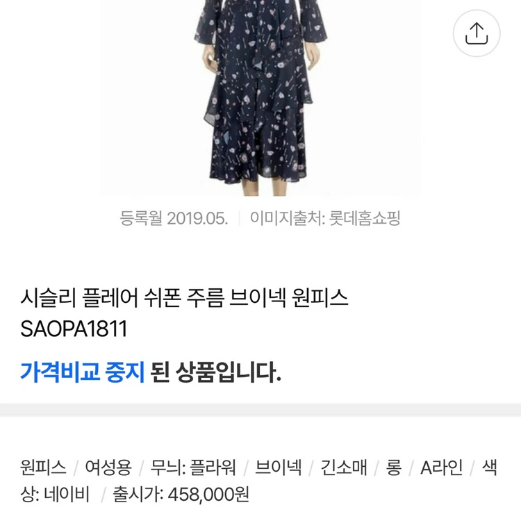 시슬리 SISLEY 캉캉 러플 레이스넥 플라워 패턴 쉬폰 롱원피스 네이비 프릴 장미 이미지