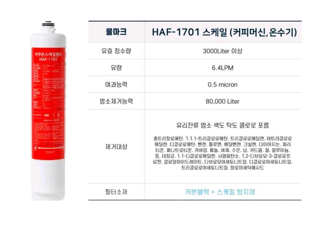 아쿠온 정수필터 HAF-1701 스케일 필터 커피머신 제빙기용 팜. 이미지