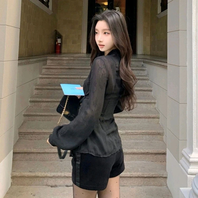 섹시 로맨틱 플라워 레이스 쉬폰 블라우스 이미지