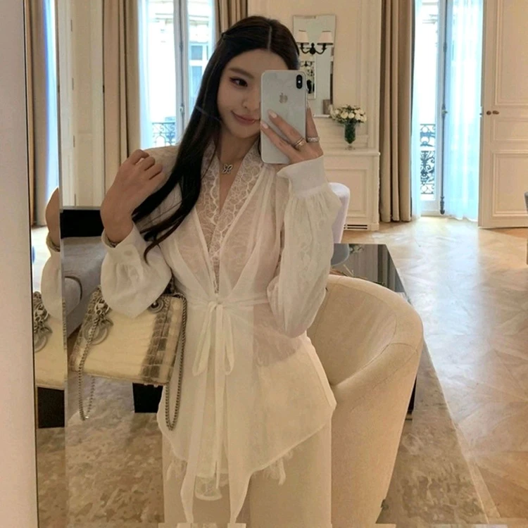 섹시 로맨틱 플라워 레이스 쉬폰 블라우스 이미지