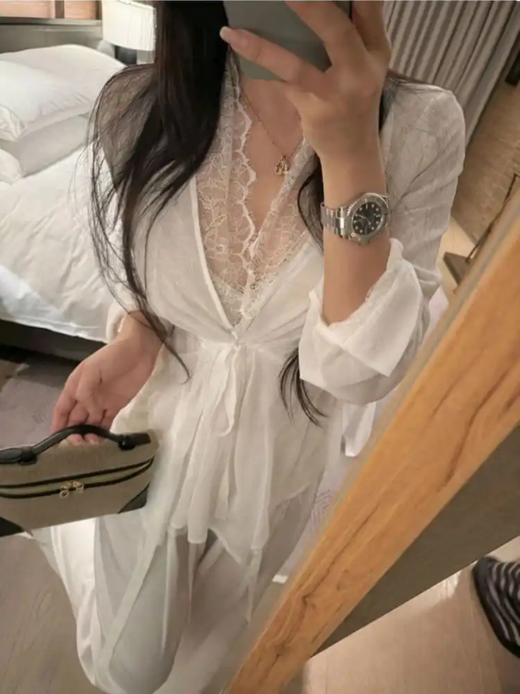 섹시 로맨틱 플라워 레이스 쉬폰 블라우스 이미지