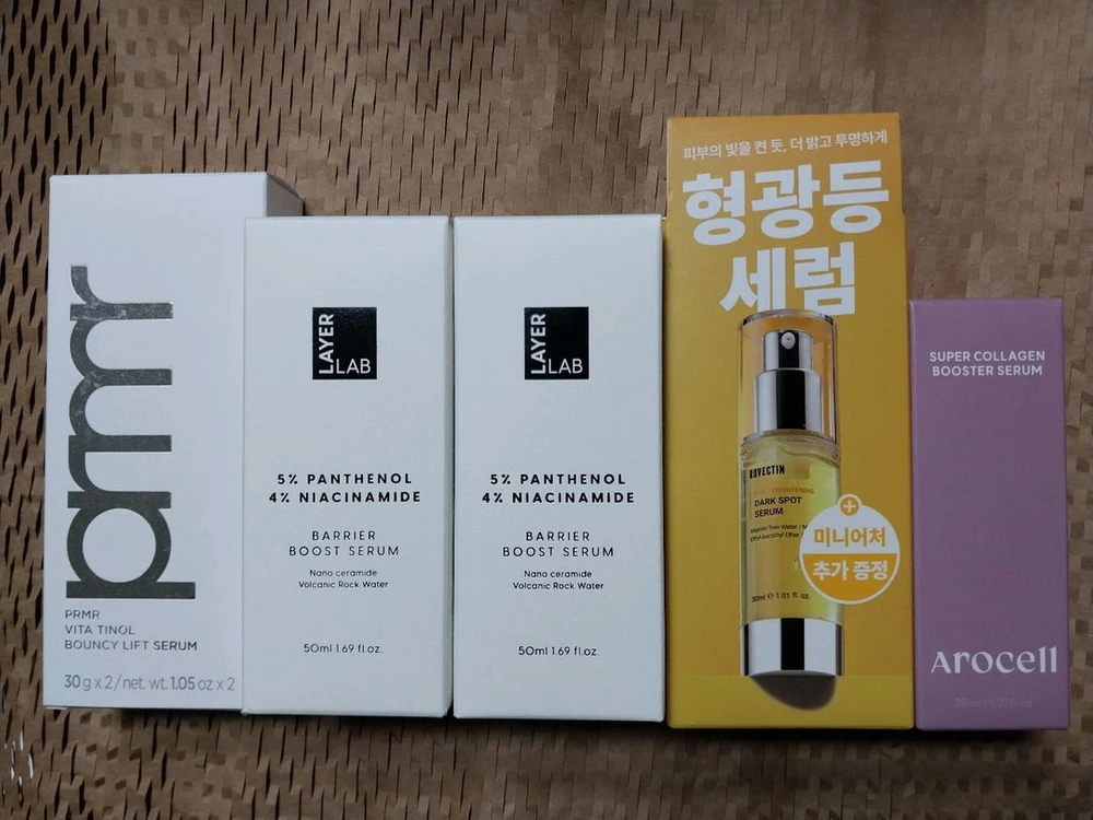세럼5종)레이어랩 판테놀 세럼,프리메라 NEW 비타티놀 세럼,로벡틴 비타 세럼,아로셀 콜라겐,메디테라피 레티날 세럼 이미지