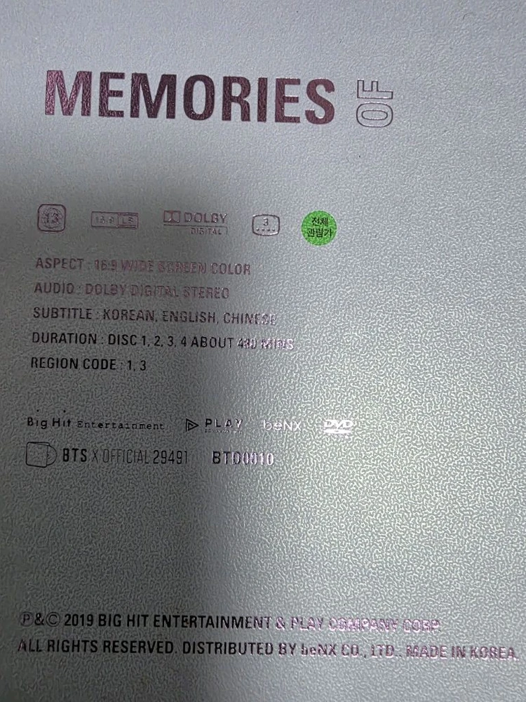 방탄소년단 메모리즈 2018 DVD /슈가 포카,고양이 스티커/새제품 이미지