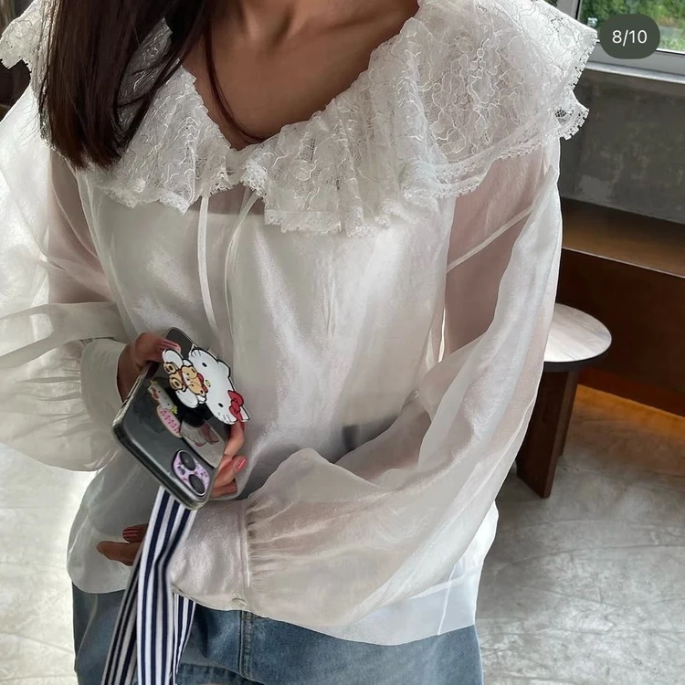 11am 제작 시스루 레이스카라 블라우스 새제품 이미지