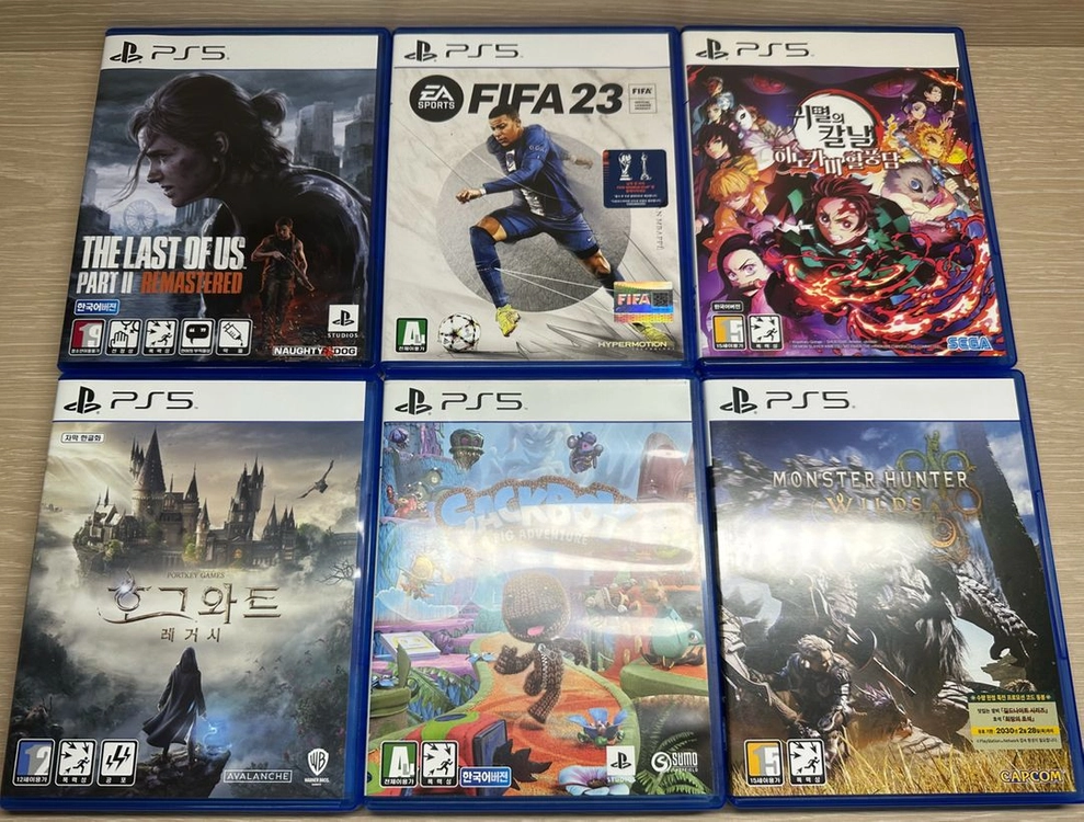 ps5타이틀 (라스트오브어스 파트2, 피파23, 귀멸의칼날 히노카미혈풍담, 호그와트레거시, 색보이,몬스터헌터 와일즈 이미지