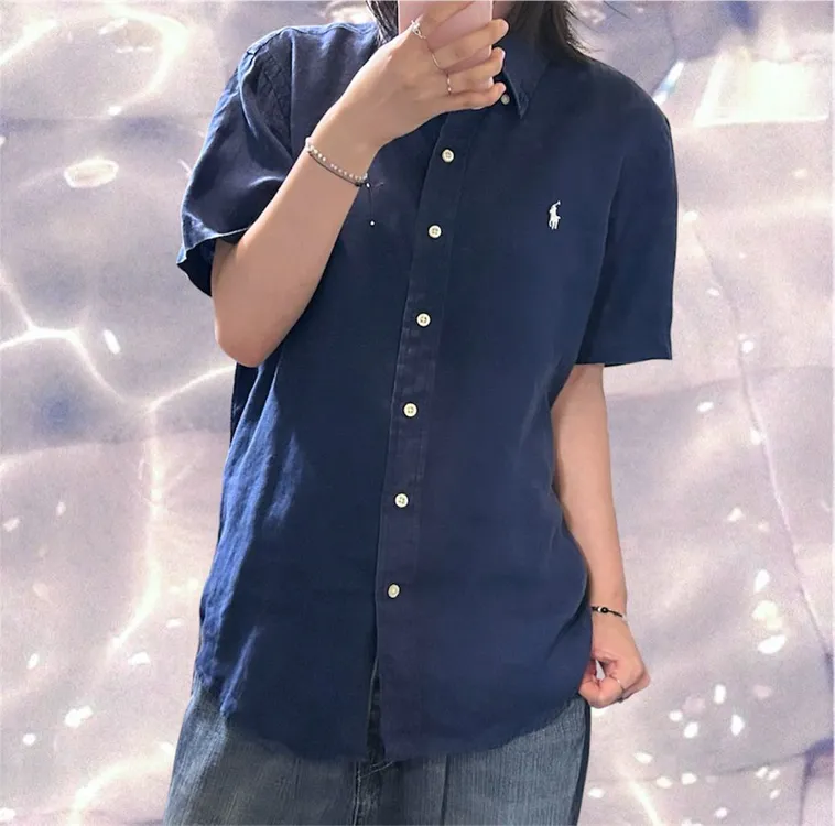 폴로 랄프로렌 신형 린넨 반팔 셔츠 네이비 M 이미지