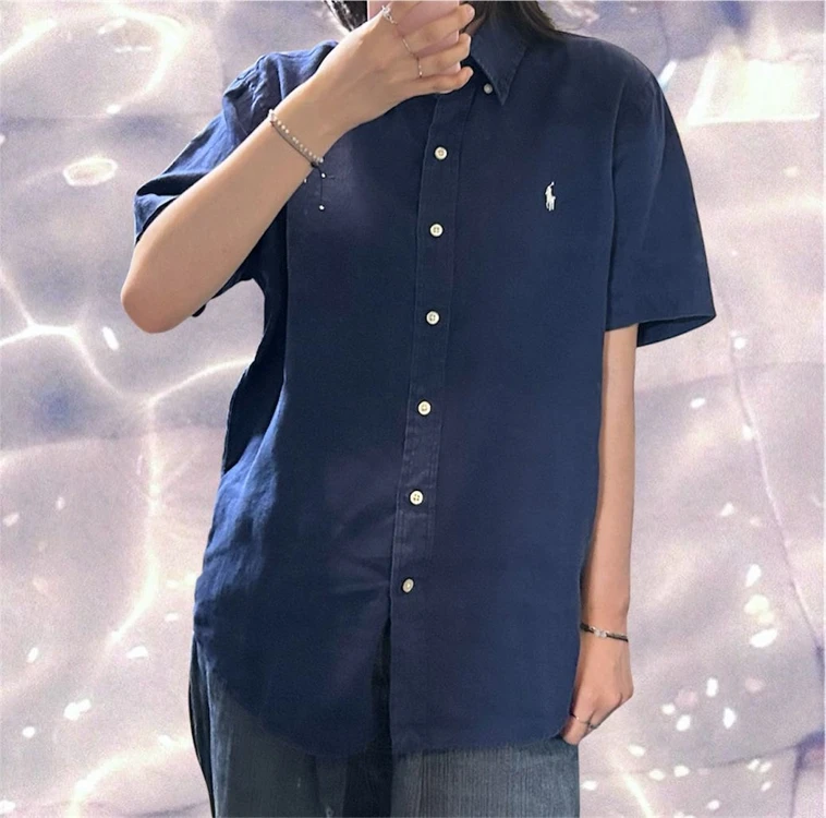 폴로 랄프로렌 신형 린넨 반팔 셔츠 네이비 M 이미지
