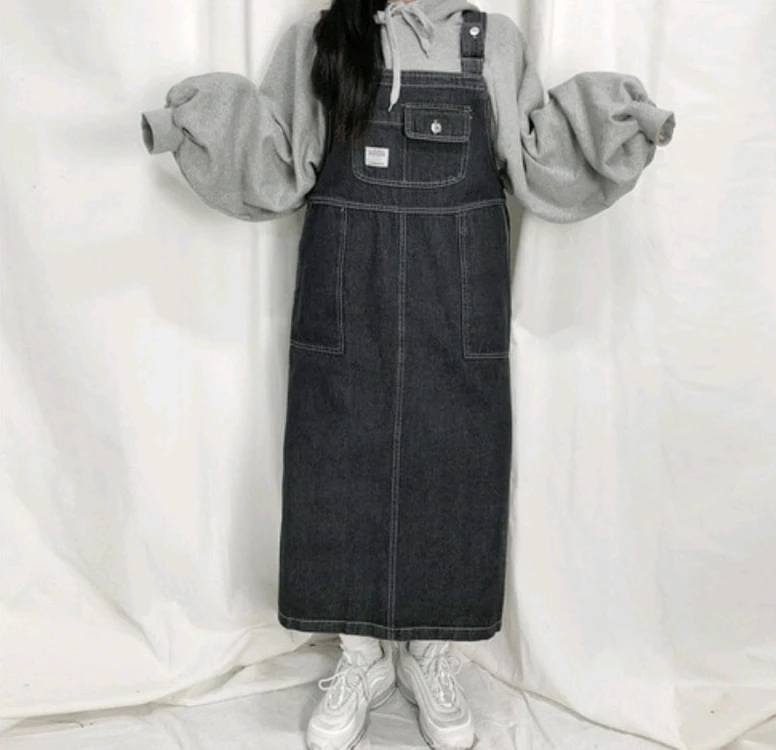 흑청 코튼 데님 멜빵 롱원피스 오버롤 스커트 / 핫핑 리리앤코 바온 슬로우앤드 오디너리먼트 공구우먼 아뜨랑스 어베인 이미지