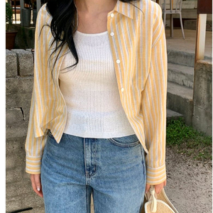 아이링마켓 크롭 핏 스트라이프 카와무라 린넨 셔츠 옐로우 이미지