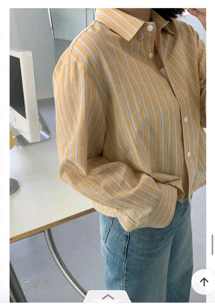 아이링마켓 크롭 핏 스트라이프 카와무라 린넨 셔츠 옐로우 이미지