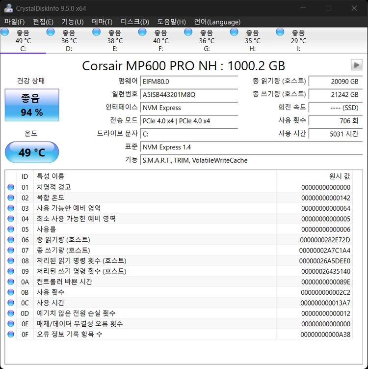 커세어 MP600 PRO NH 1TB NVME SSD 판매합니다 이미지