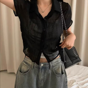 블랙 검은색 시스루 반팔 셔츠 블라우스 크롭 여름 쉬폰 링클 빈티지 에이블리 이미지