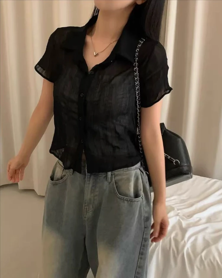 블랙 검은색 시스루 반팔 셔츠 블라우스 크롭 여름 쉬폰 링클 빈티지 에이블리 이미지