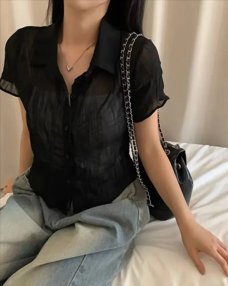 블랙 검은색 시스루 반팔 셔츠 블라우스 크롭 여름 쉬폰 링클 빈티지 에이블리 이미지