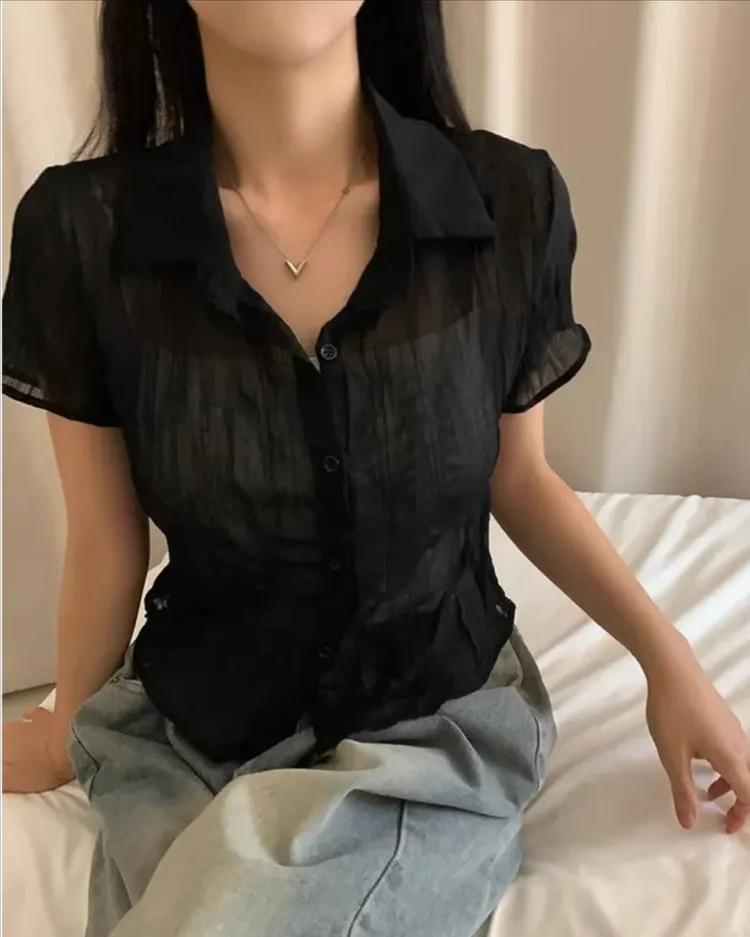 블랙 검은색 시스루 반팔 셔츠 블라우스 크롭 여름 쉬폰 링클 빈티지 에이블리 이미지
