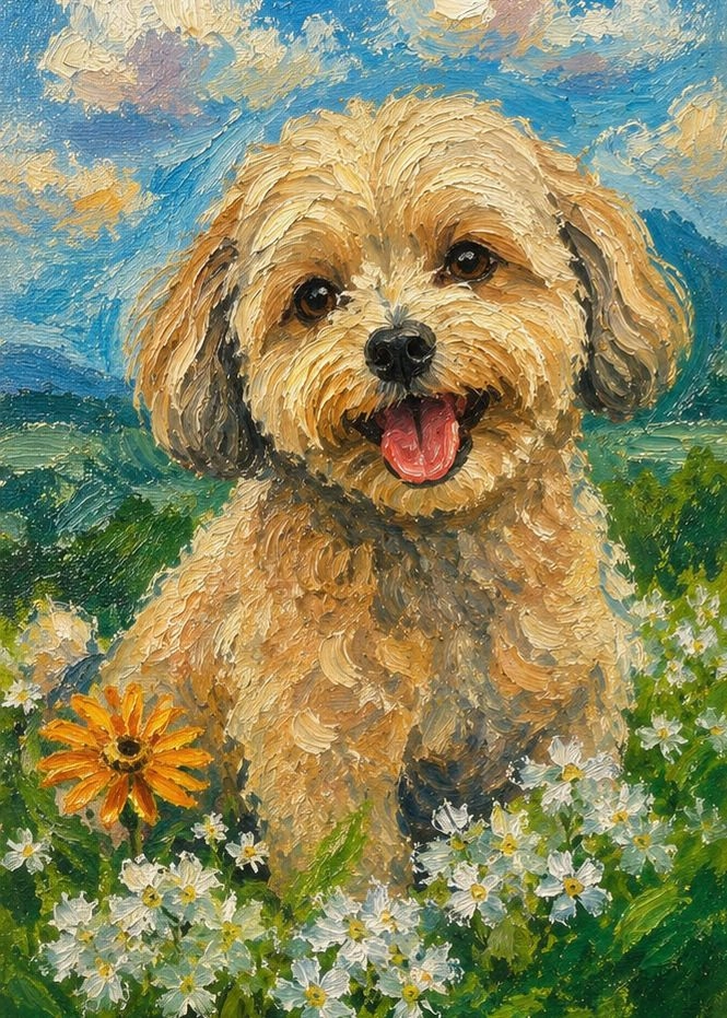 반려견 또는 아이 그림 유화 이미지