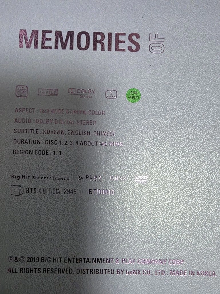 방탄소년단 메모리즈 2018 DVD /슈가 포카,고양이 스티커/새제품 이미지