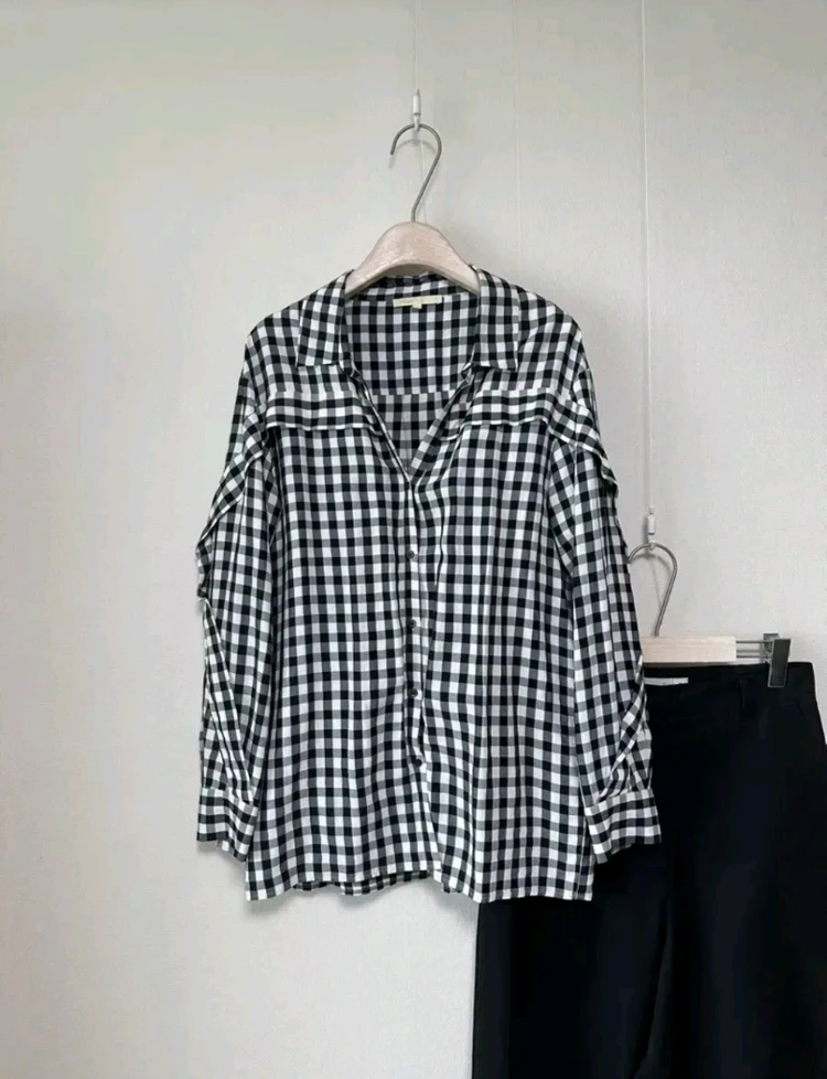 마쥬 강엄체크 러플 오버핏 블라우스 이미지