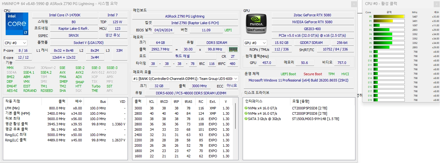 [4K 종결] 타스 3만점 i7-14700K + RTX 5080 + 64G + 2TB 하이엔드 PC 이미지