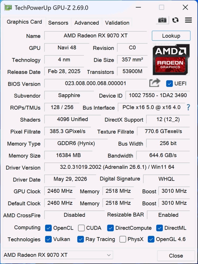 사파이어 RX 9070 XT PURE 그래픽카드 이미지