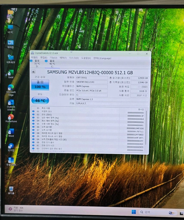 삼성 PM981a NVMe M.2 SSD 512GB 건강상태 100%Windows 11 Pro, 오피스, 한글 설치 이미지