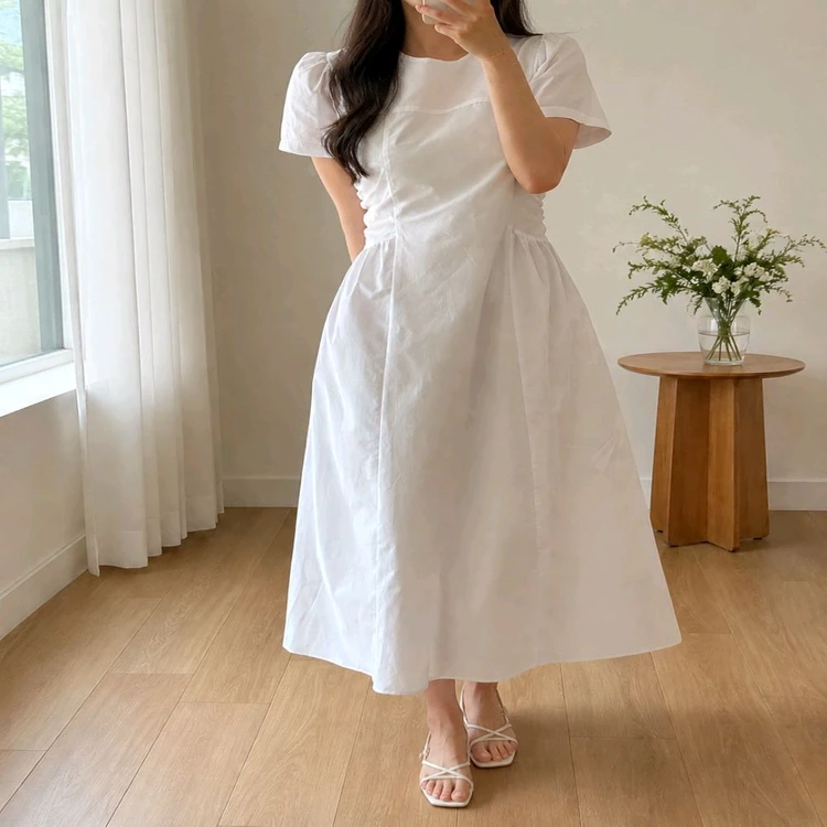 새상품 면100 퍼프 반팔 롱원피스 하객룩 화이트ㅡ무배 이미지