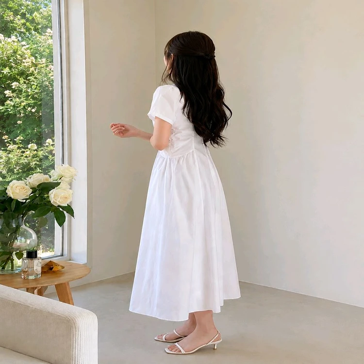 새상품 면100 퍼프 반팔 롱원피스 하객룩 화이트ㅡ무배 이미지