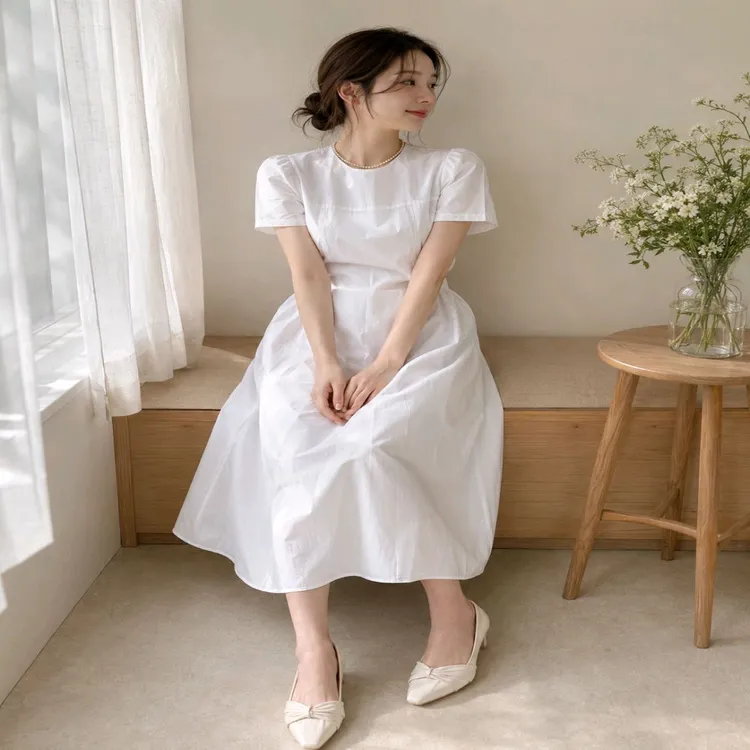 새상품 면100 퍼프 반팔 롱원피스 하객룩 화이트ㅡ무배 이미지