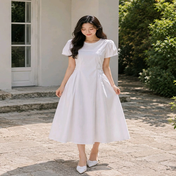 새상품 면100 퍼프 반팔 롱원피스 하객룩 화이트ㅡ무배 이미지