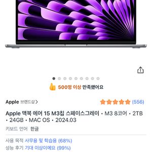 [미개봉] 맥북 에어 15 M3 CPU 8코어 GPU 10코어 RAM 24GB 2TB 스페이스 그레이 팝니다. 이미지