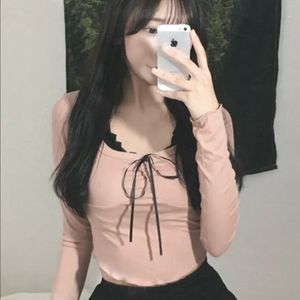 여성 긴팔 리본 크롭티 이미지
