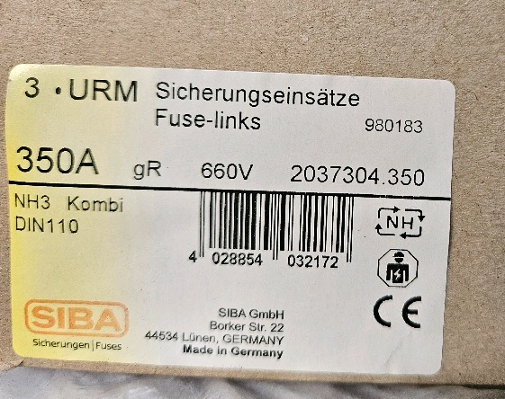 SIBA 휴즈 FUSE VDE0636-4 350A 660V 1박스 3개 구성 일괄판매 미사용 새제품 이미지