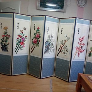 화려하고 아름다운 화조도 고급 자수 8폭 병풍과 서예 6폭 이미지