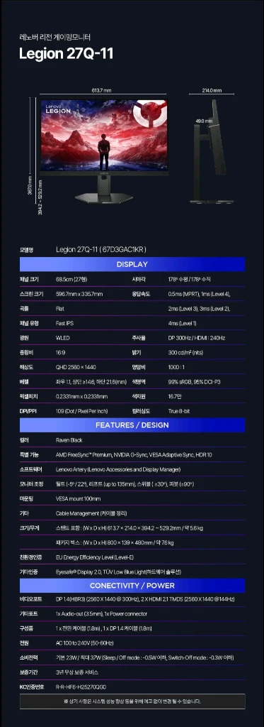 (미개봉) 레노버 27인치 QHD 300Hz IPS 게이밍 모니터 이미지