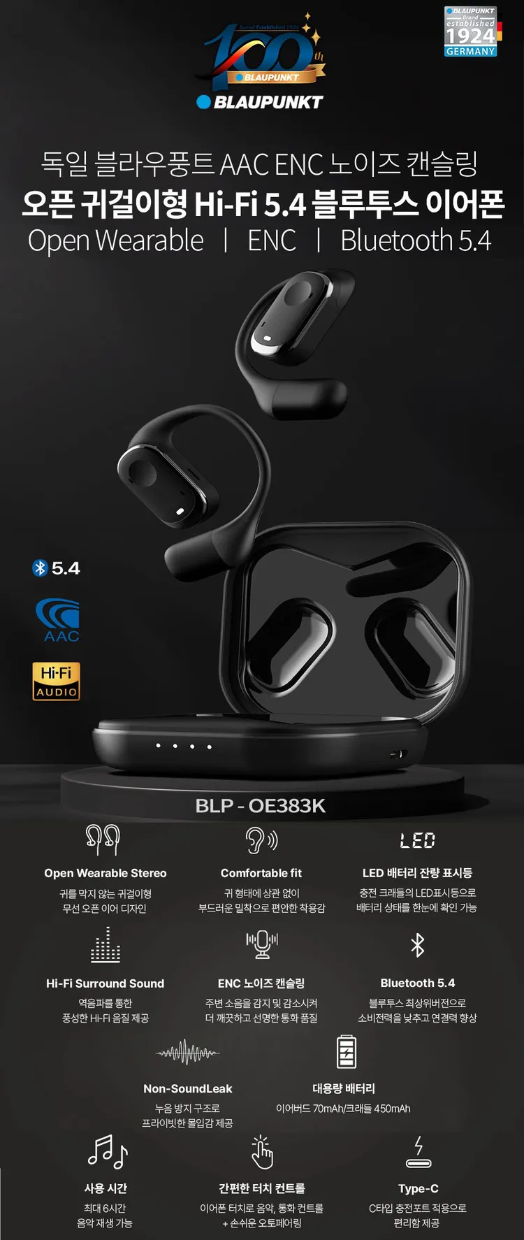 독일 브랜드 블라우드풍트 노이즈 캔슬링 오픈 귀걸이형 HI-FI 5.4 블루투스 이어폰 이미지
