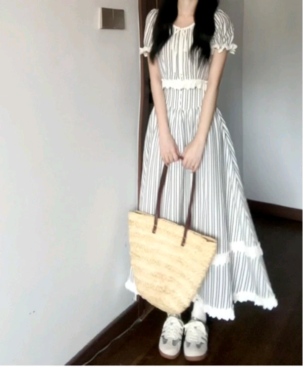 (택채새상품) 스트라이프 반팔 린넨 투피스 바캉스 여행룩 이미지