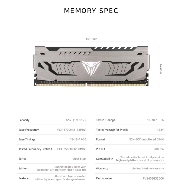패트리어트 바이퍼 스틸 DDR4 32GB(32Gx1) 램 이미지